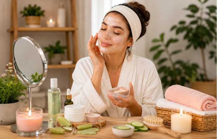 at-home beauty self care routine